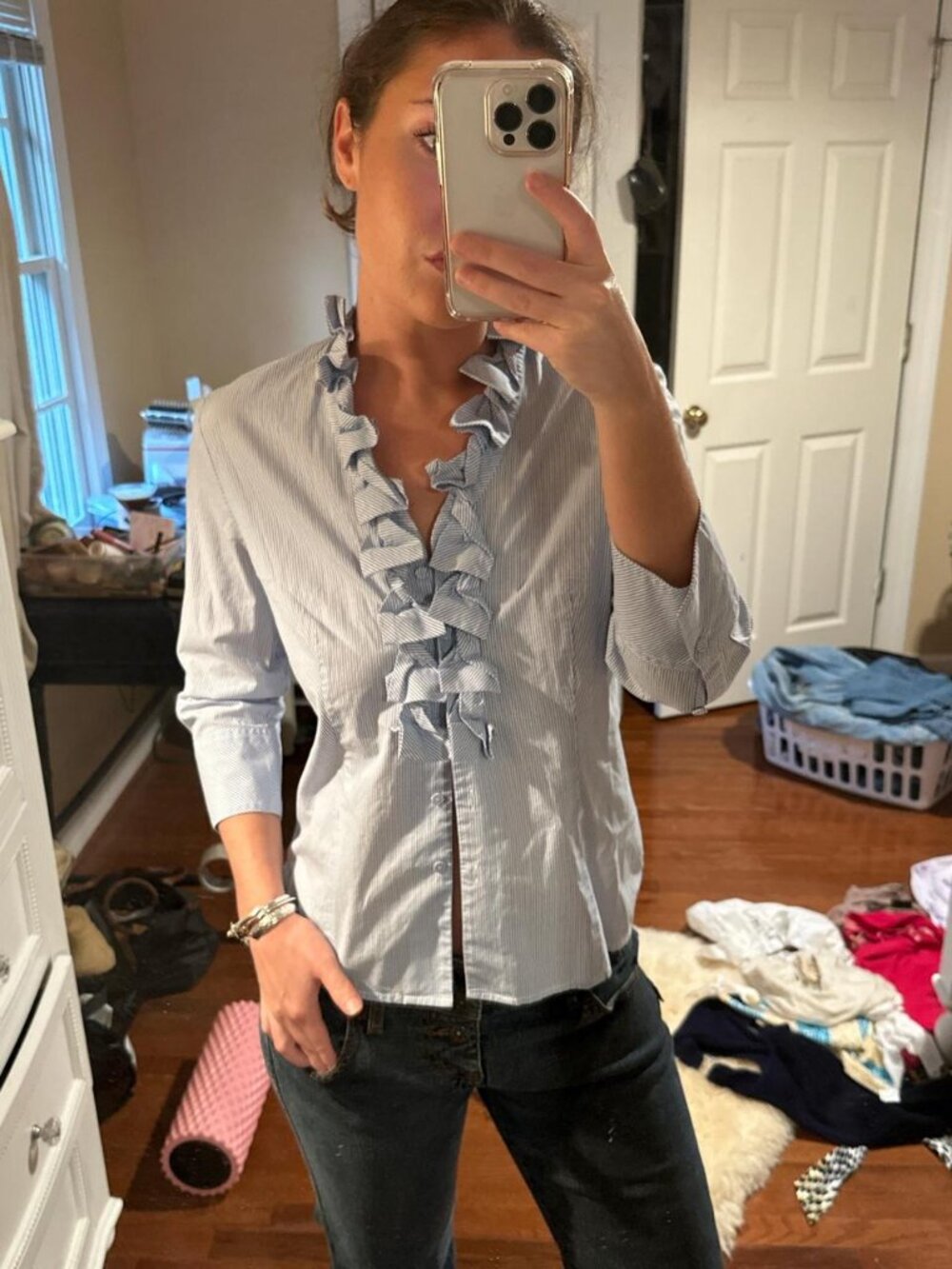 Blue and white ruffled blouse